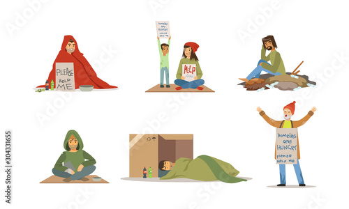 Homeless People Characters Vector Set. Poverty Concept