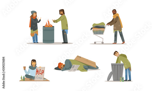 Homeless People Characters Vector Set. Poverty Concept