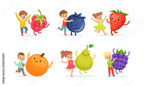 Little Kids Playing with Big Fruits and Berries Vector Set