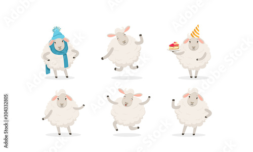 Cute Cartoon Sheep Vector Set. Farm Wooly Character Wearing Warm Clothing