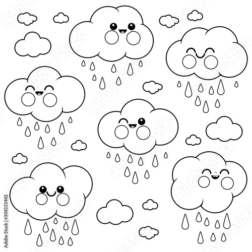 Cute raining cloud characters. Vector black and white coloring page