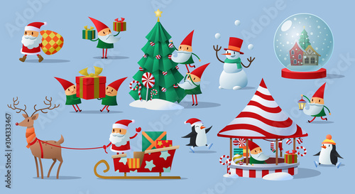 Colorful festive collection of Christmas Santa Claus and his elves doing different activities associated with the holiday season over a cool blue background, vector illustration