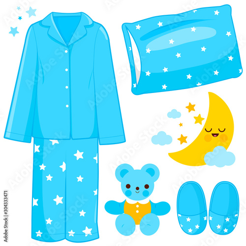 Collection of children pajamas and sleep time objects. Vector illustration set