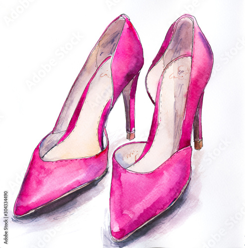 Fuchsia shoes heeled pumps. Watercolor illustration. Fashion.