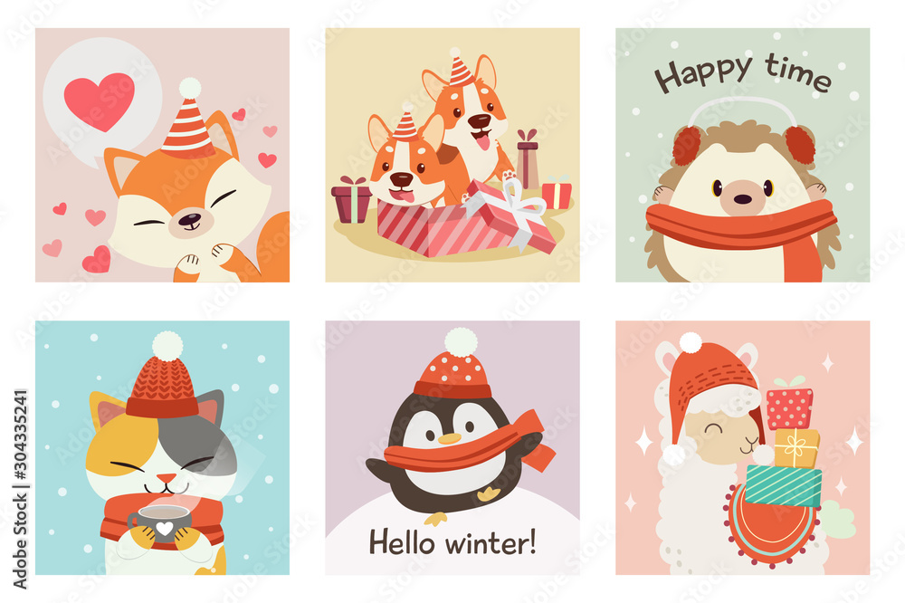 The collection of cute fox, corgi,hedgehog,cat,penguin,alpaca in winter and christmas theme set. fox wear party hat. corgi in the gift box. cat and penguin and alpaca wear a winter hat and scarf.