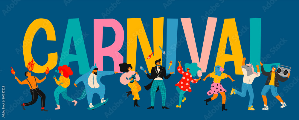 Hello Carnival. Vector illustration of funny dancing men and women in bright modern costumes.