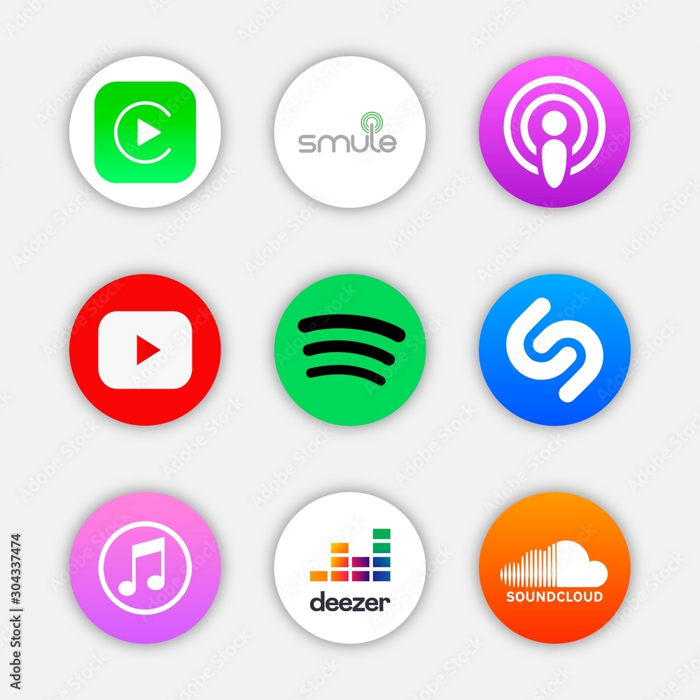 Set of popular icon for music application, social media logos of ...