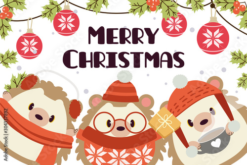 The character of cute hedgehog wear a accessory in christmas theme. The cute hedgehog wear glasses and  winter hat and scarf and sweater and holding a tea cup and giftbox on white background and snow.