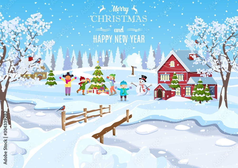 happy new year and merry Christmas greeting card. Winter fun. kids decorating a Christmas tree. Winter holidays. Christmas landscape tree spruce, snowman. vector illustration