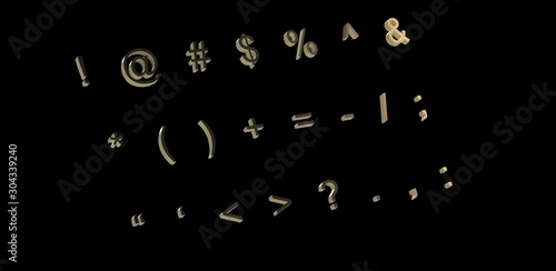 3D Illustration/Render of the most used computer keyboard symbols in gold on black background