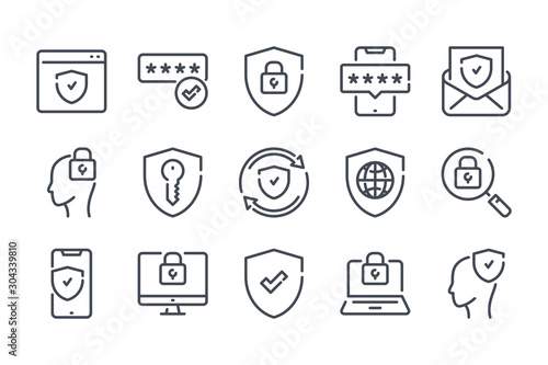 Computer secure and data protection related line icon set. protection of personal information linear icons. Network safety and password outline vector sign collection.