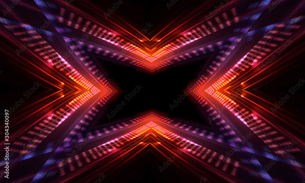 Background of empty show scene. Empty dark modern abstract neon background. Glow of neon lights on an empty stage, diodes, rays and lines. Lights of the night city. Background of empty show scene. Empty dark modern abstract neon background. Glow of neon lights on an empty stage, diodes, rays and lines. Lights of the night city.