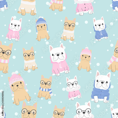 cute french bulldog puppy dog in winter costume seamless pattern snow background