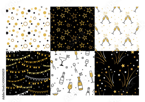 Collection of seamless pattern designs for celebrations , birthday and graduation party. In gold, white and black colors. Vector illustration