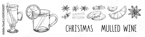 Set of hand drawn vector elements isolated on white. Mulled wine with spices and citrus fruit. Traditional winter alcoholic beverage. Popular Christmas cocktail. Menu decoration. Modern lettering