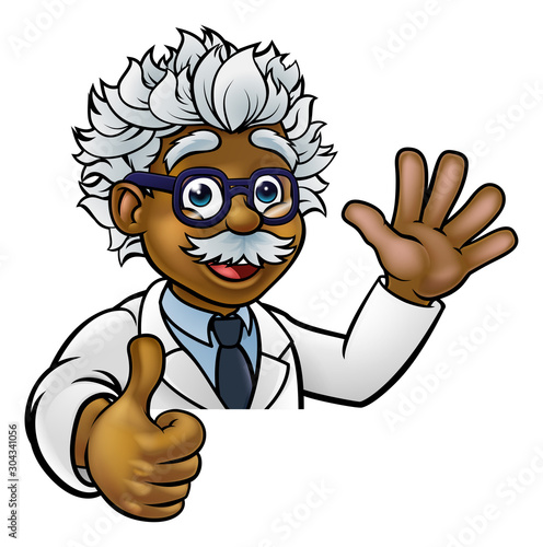 A cartoon scientist professor wearing lab white coat waving above sign and giving a thumbs up