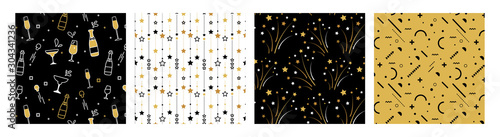 Collection of seamless pattern designs for celebrations , birthday and graduation party. In gold, white and black colors. Vector illustration
