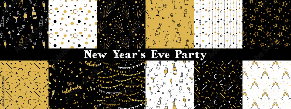 Collection of seamless pattern designs for celebrations , birthday and graduation party. In gold, white and black colors. Vector illustration - obrazy, fototapety, plakaty 
