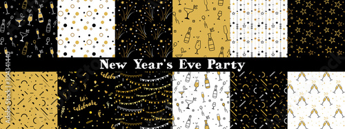 Collection of seamless pattern designs for celebrations , birthday and graduation party. In gold, white and black colors. Vector illustration