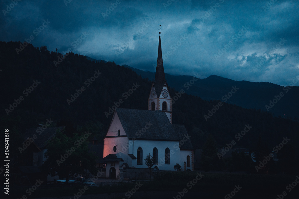 Sachsenburg, St. Margaret parish church at the sunrise, Austria