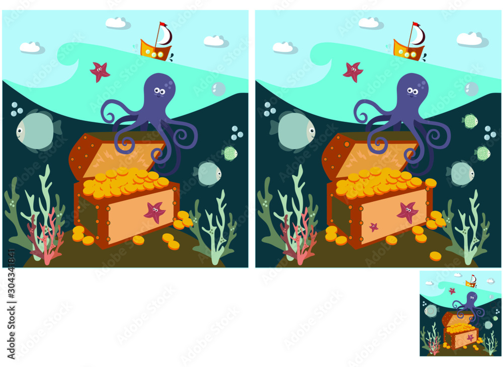 Children's puzzles, find 10 differences. Educational game for children. Boy pirate looking for treasure.
