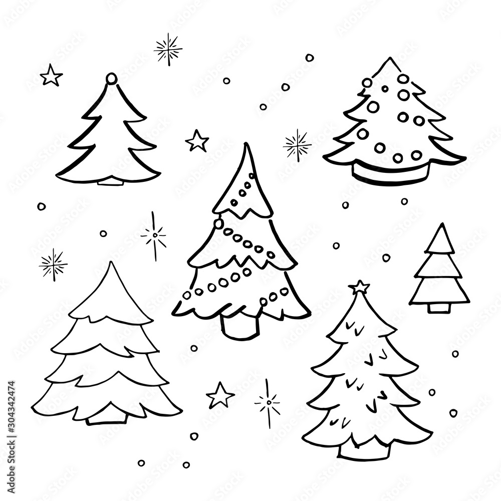 Christmas trees doodle set. Collection of hand drawn decorated christmas trees. Vector illustration. Isolated on white.