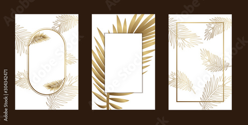 invitation cards  elegant leaf outline gold white background  with frame vector illustration