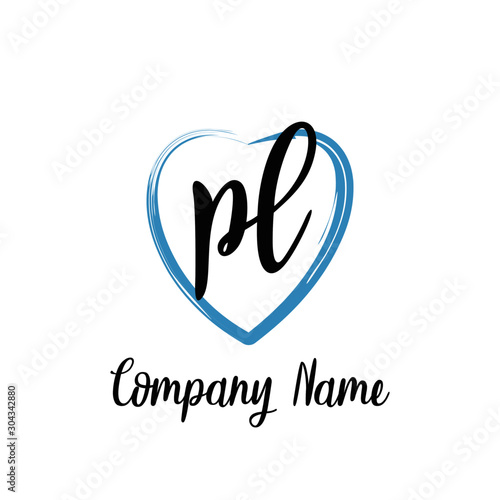 PL initial handwriting in a love brush-shaped template