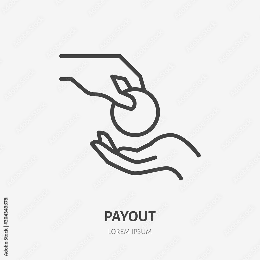 Hand giving money flat line icon. Cash vector illustration. Thin sign of payment, charity, bribe pictogram - obrazy, fototapety, plakaty 