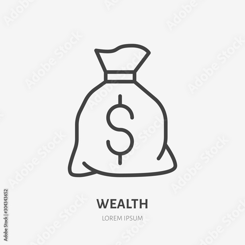 Money bag flat line icon. Wealth vector illustration. Thin sign of moneybag, treasure pictogram