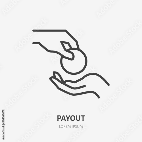 Hand giving money flat line icon. Cash vector illustration. Thin sign of payment, charity, bribe pictogram