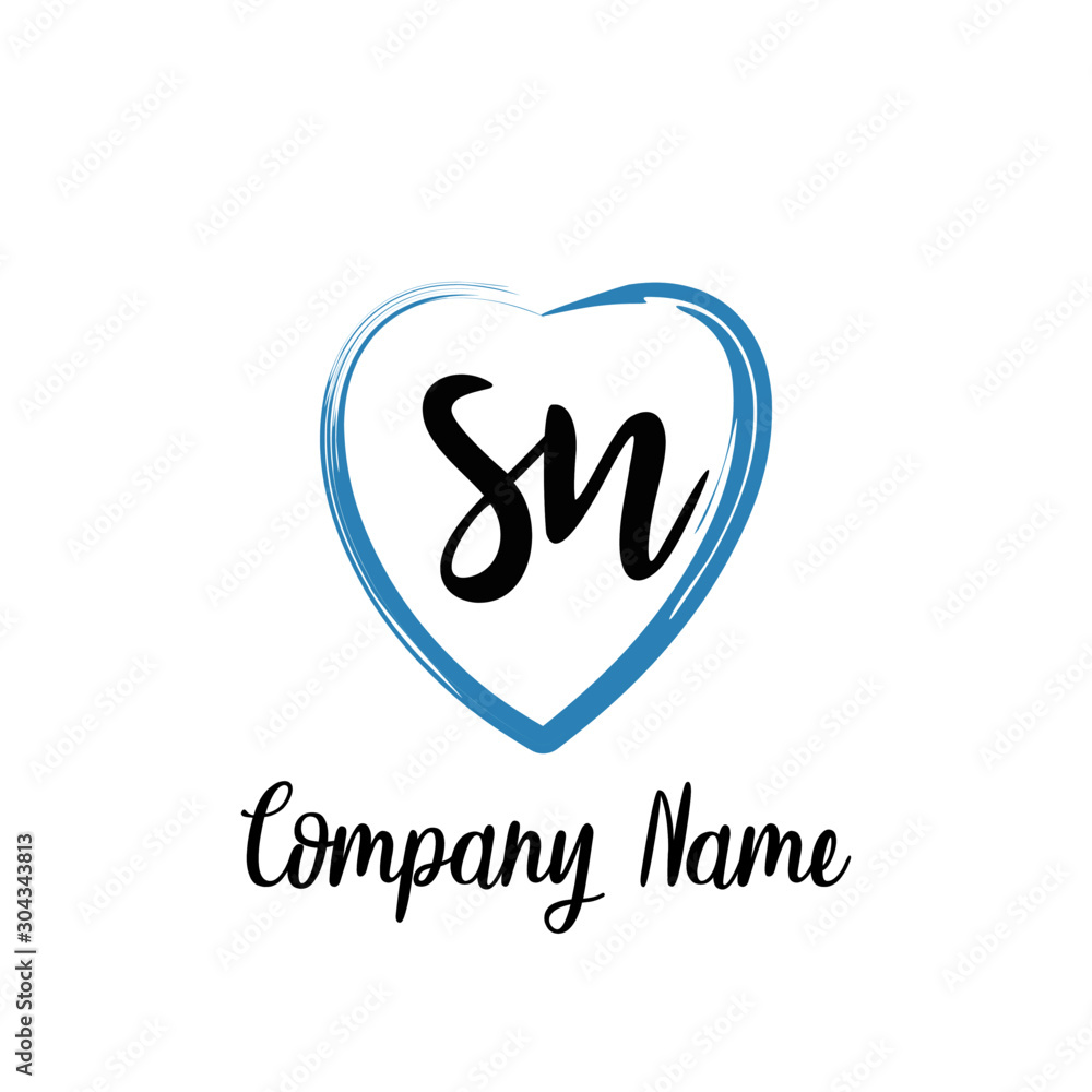 SN initial handwriting in a love brush-shaped template Stock ...
