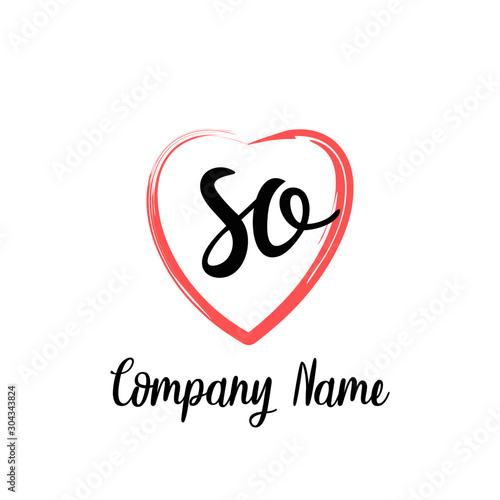 SO initial handwriting in a love brush-shaped template
