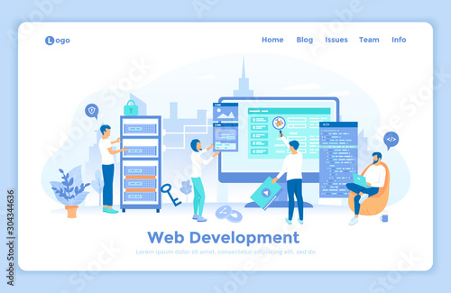 Web Development Programming Coding. Programmers team are working on a new website. Monitor, program code, server. landing web page design template decorated with people characters.