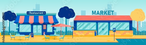 Street background with restaurant and market. Modern cafe with chairs and tables outside. Street lights, outdoor umbrella and trees. City street concept vector illustartion.