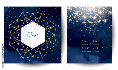 Magic night dark blue cards with sparkling glitter bokeh and line art.