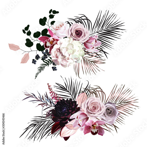 Dusty rose, hydrangea, pink cymbidium orchid, berry, bronze, black palm leaves