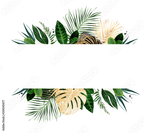 Tropical banner arranged from exotic emerald and golden glitter leaves