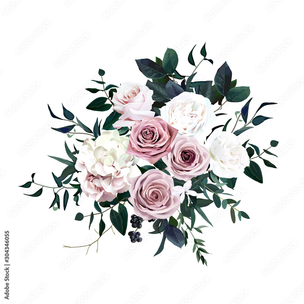 Dusty pink, pastel, white flowers glamour vector design wedding bouquet