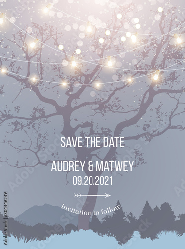 White Christmas morning garden full of lights and snow vector design invitation frame