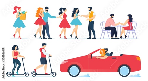 Cartoon People Characters Daily Routine Flat Set