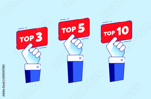 Top 3, 5, 10. Set of a rating stamp, badge. Hands with score labels, nameplate. Trendy tag for web, video, promo, pictures.