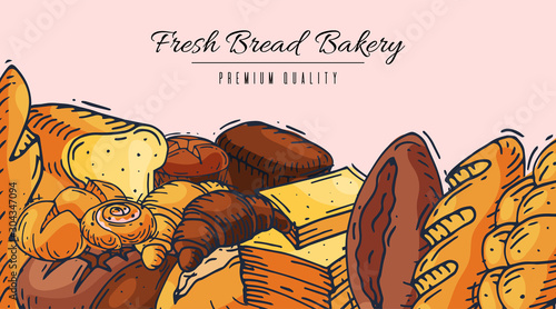 Fresh bread bakery banner vector illustration. Baking loaf and bagels, breadcrumbs and ciabatta. Whole grain loaves, baguette, ans croissant for breakfast in bakery.