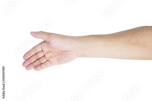 Hand and arm asian man or caucasian hand gestures hold or catching something empty or Hand signal isolated on white background © Sakoodter Stocker