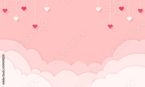 Hintergrund in Papierschnitt, Wolken und Herzen hängen von der Decke. Pink Banner, Freisteller. Valentinstag, Muttertag