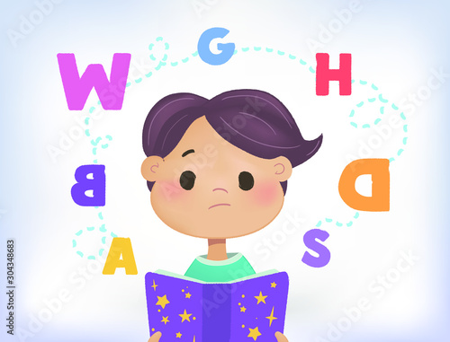 	 Confused kid with a cloud of scattered letters above his head and book. Dyslexia failing to read. Learning disability concept. Flat vector illustration. Isolated on white background.