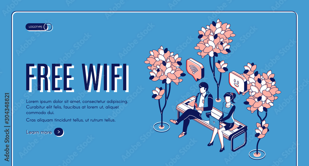 Free wifi isometric landing page, people sitting on bench in park with  hotspot public access zone using wireless internet, chatting in social  media networks. 3d vector web banner template, line art vector