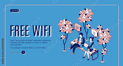 Free wifi isometric landing page, people sitting on bench in park with hotspot public access zone using wireless internet, chatting in social media networks. 3d vector web banner template, line art