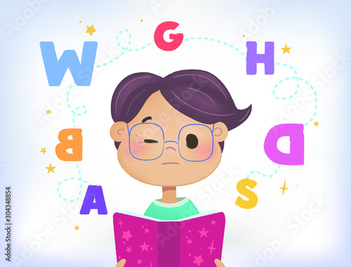 	 Confused kid with a cloud of scattered letters above his head and book. Dyslexia failing to read. Learning disability concept. Flat vector illustration. Isolated on white background.
