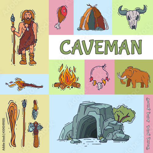 Ancient caveman, his cave and tools for hunting. Anciently human of stoneage, historic primitive dweller vector illustration. Cartoon neanderthal with spear, cavern and mammoth poster